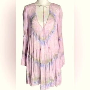 Young Fabulous & Broke Flowy Rosa Boho Pastel Tie Dye Swing Dress w Bell Sleeves